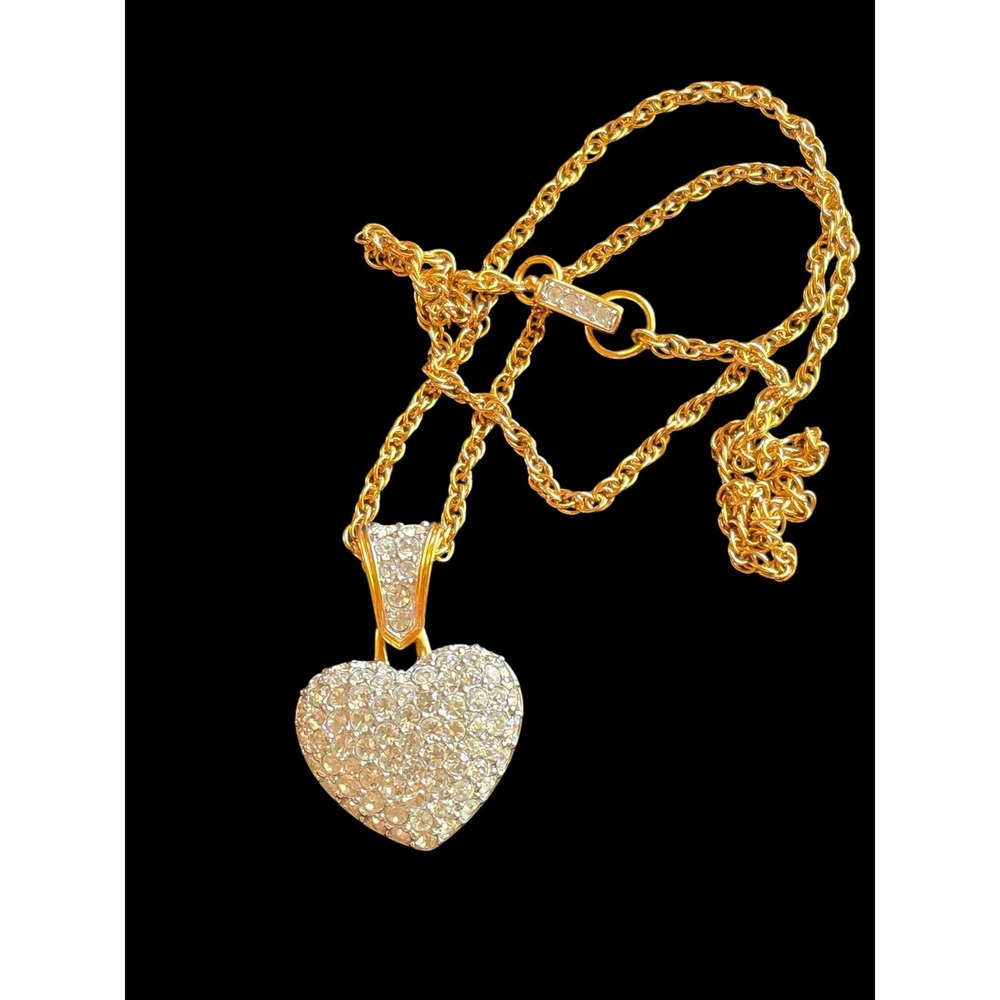 Retired Swarovski Swan Pave Crystal Gold-Plated Puffy Heart Necklace